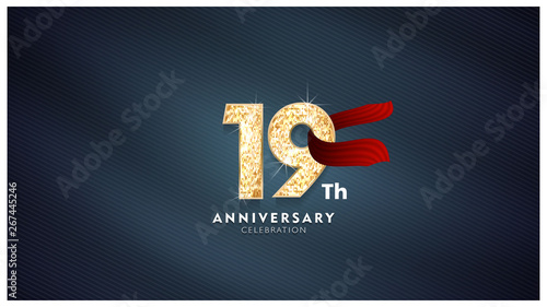 19th Anniversary celebration - Golden numbers with blue fabric background