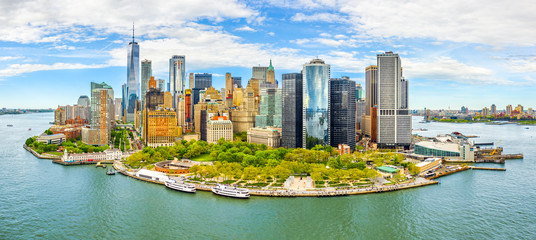 Aerial panorama of Downtown New York skyline viewed from above Upper Bay