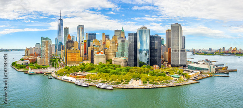 Aerial panorama of Downtown New York skyline viewed from above Upper Bay © mandritoiu