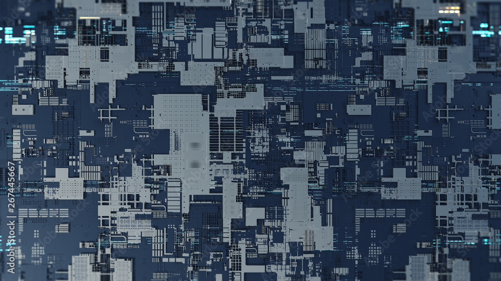 Fototapeta premium Printed circuit board futuristic server/Circuit board futuristic server code processing. Orange, green, blue technology background with bokeh. 3d rendering