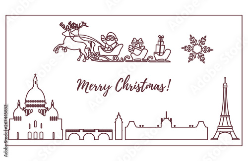 Santa Claus in sleigh with deers flying over Paris