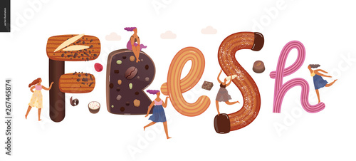 Dessert lettering - Fresh - modern flat vector concept digital illustration of temptation font, sweet lettering and girls. Caramel, toffee, biscuit, waffle, cookie, cream and chocolate letters