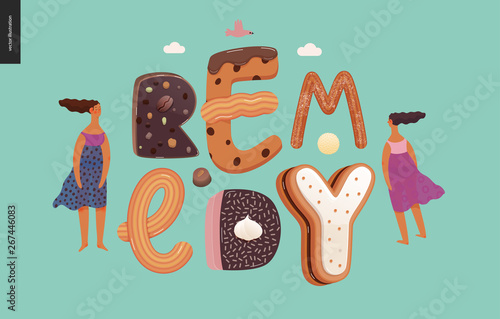 Dessert lettering - Remedy - modern flat vector concept digital illustration of temptation font, sweet lettering and girls. Caramel, toffee, biscuit, waffle, cookie, cream and chocolate letters