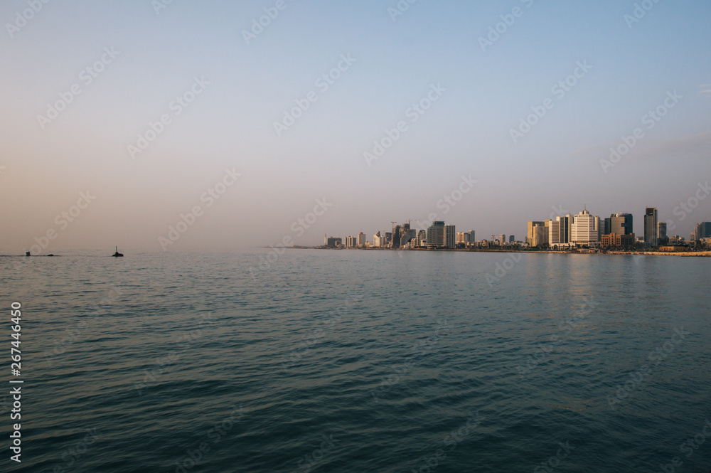 View in the evening of the modern Tel Aviv, Israel and the sea