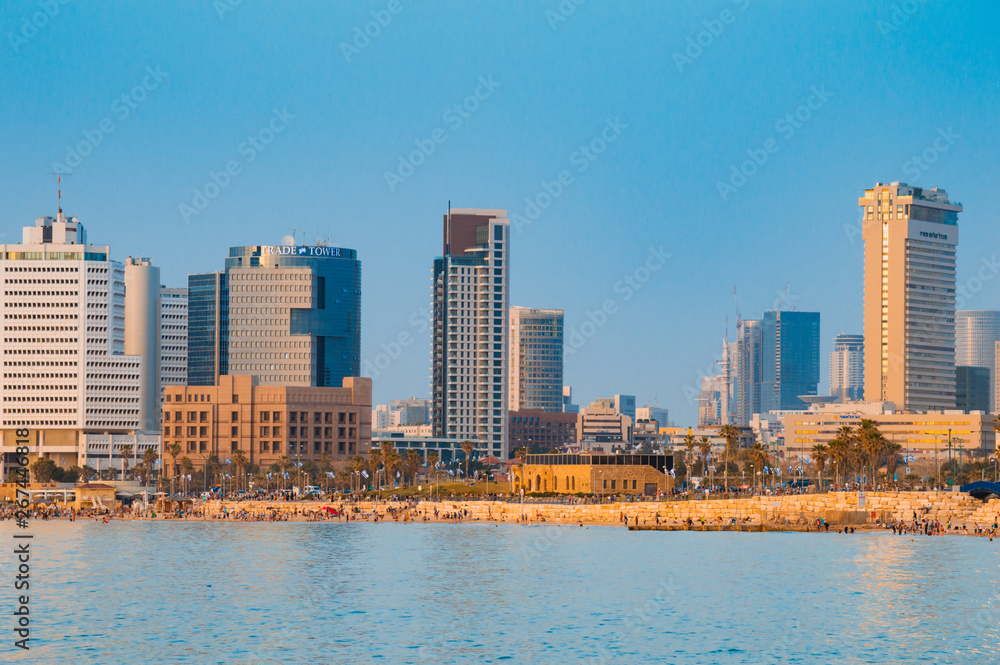 View in the evening of the modern Tel Aviv, Israel and the sea