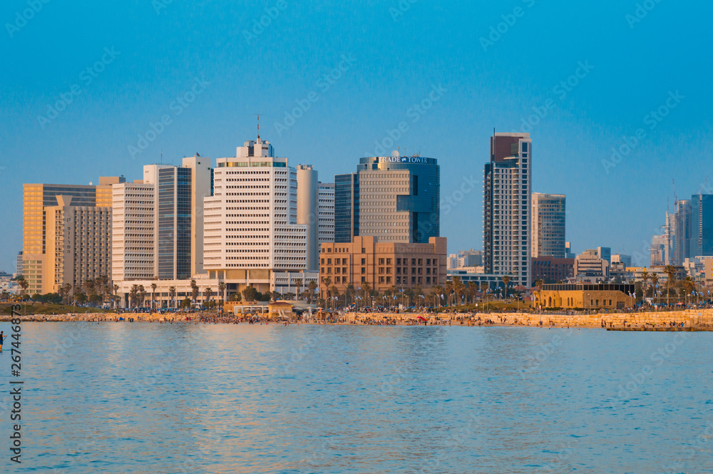 View in the evening of the modern Tel Aviv, Israel and the sea