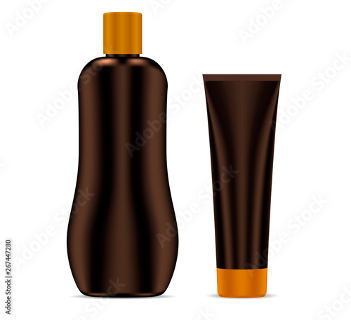 Sunscreen protection sun care cosmetic containers Brown set. Lotion Bottle and Cream Tube Packaging for Spf Protection.Spa Skin Moisturizer Blank Collection. Vector illustration.