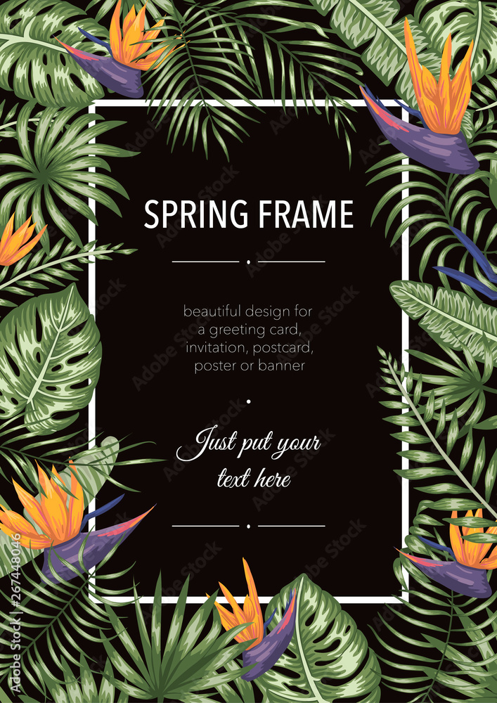 Fototapeta Vector frame template with tropical leaves and flowers on black background. Vertical layout card with place for text. Spring or summer design for invitation, wedding, party, promo events