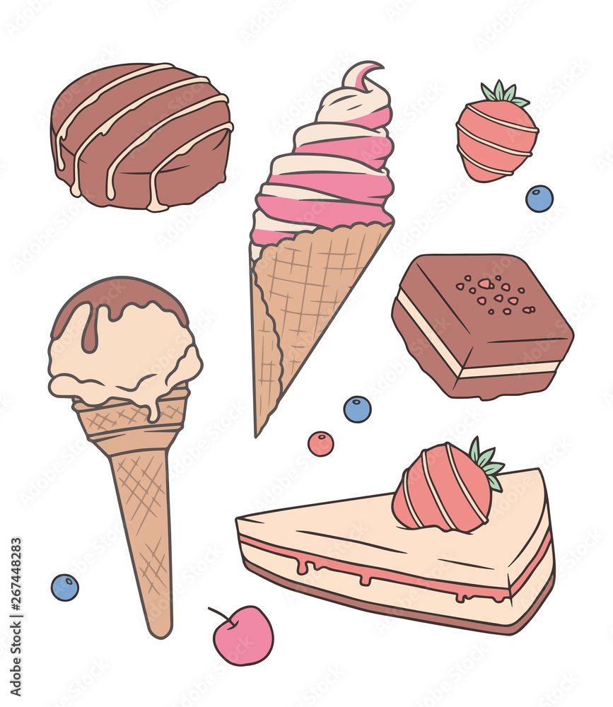 Cartoon style vector illustration dessert mix drawings with strawberry  cheese cake, ice cream in cone, chocolate pralines and fruits Stock Vector  | Adobe Stock
