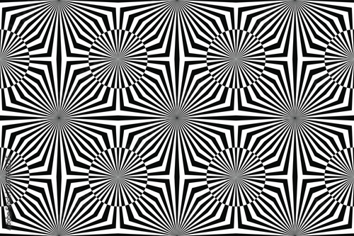 Abstract Seamless Black and White Geometric Pattern with Stripes. Contrasty Optical Psychedelic Illusion. Starlike Wicker Texture.