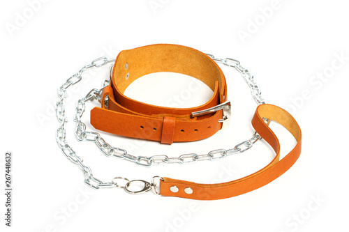 Light brown leather fetish collar with leash isolated on white background