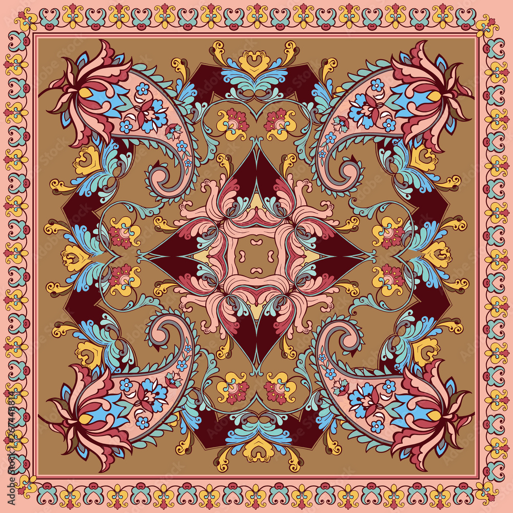 Vector ornament paisley Bandana Print, square pattern design style for print on fabric Vector ornament paisley Bandana Print, square pattern design style for print on fabric
