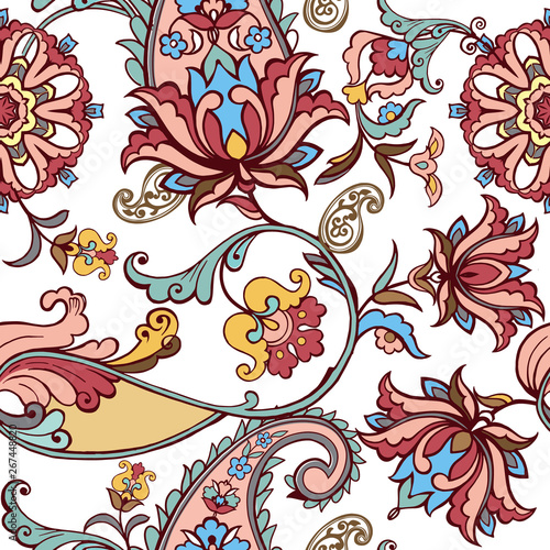 Fantastic floral seamless pattern with paisley. Floral wallpaper.