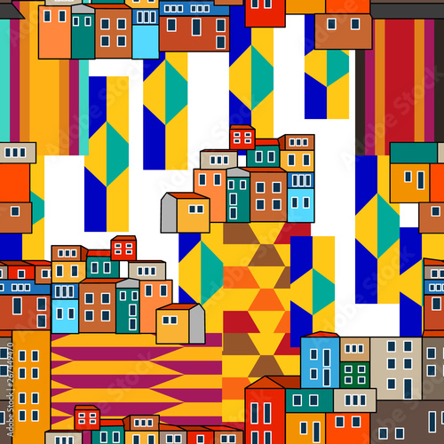 Geometric print with houses.