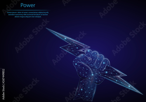 Abstract image hand with lightning in the form of a starry sky or space, consisting of points, lines, and shapes in the form of planets. Low poly vector background.
