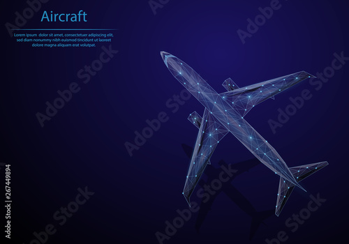 Abstract image aircraft in the form of a starry sky or space, consisting of points, lines, and shapes in the form of planets, stars and the universe. Low poly vector background. photo
