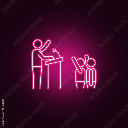 A man on the rostrum in front of voters neon icon. Elements of election set. Simple icon for websites, web design, mobile app, info graphics