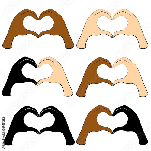 Collection. Human hands are folded in the shape of a heart. People of different nationalities. Valentine s Day. Vector illustration set