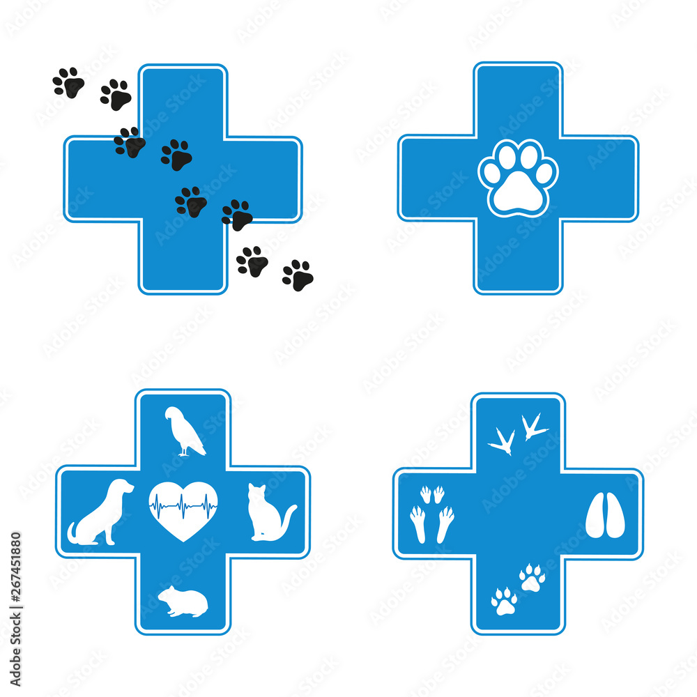 set of veterinary emblems in blue cross on white background set of veterinary emblems in blue cross on white background