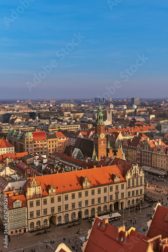 Obraz na płótnie Aerial view of Stare Miasto with Market Square, Old Town Hall and St. Elizabeth's Church from St. Mary Magdalene Church in Wroclaw, Poland w salonie