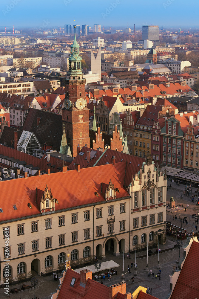 Aerial view of Stare Miasto with Market Square, Old Town Hall and St. Elizabeth's Church from St. Mary Magdalene Church in Wroclaw, Poland