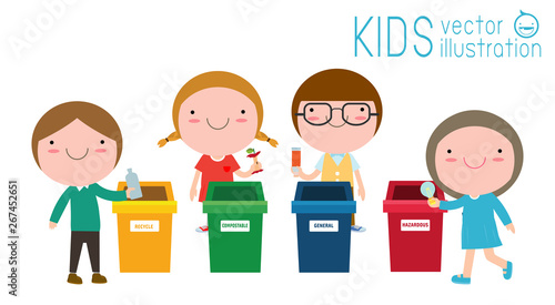 Children collect rubbish for recycling, Kids Segregating Trash, recycling trash, Save the World, Boy and girl recycling isolated on white backgrounds vector Illustration