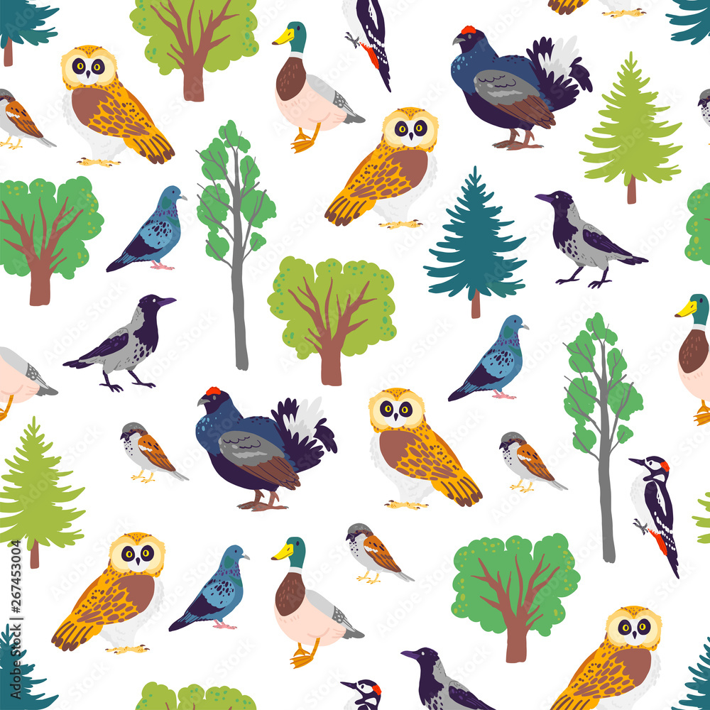 Vector flat seamless pattern with hand drawn forest birds and floral ...