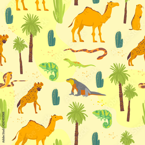 Vector flat seamless pattern with hand drawn desert animals  reptiles  cactus  palm trees isolated on yellow background. Good for packaging paper  cards  wallpapers  gift tags  nursery decor etc.