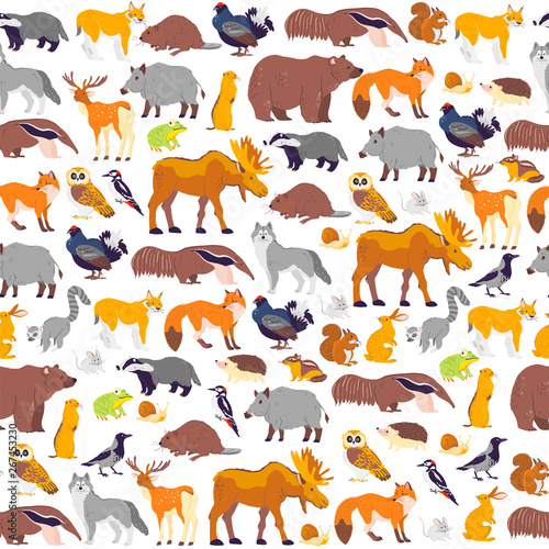 Fototapeta Naklejka Na Ścianę i Meble -  Vector flat seamless pattern with wild forest animals and birds  isolated on white background. Owl, deer, fox, bear. Good for packaging paper, cards, wallpapers, gift tags, nursery decor, prints etc.