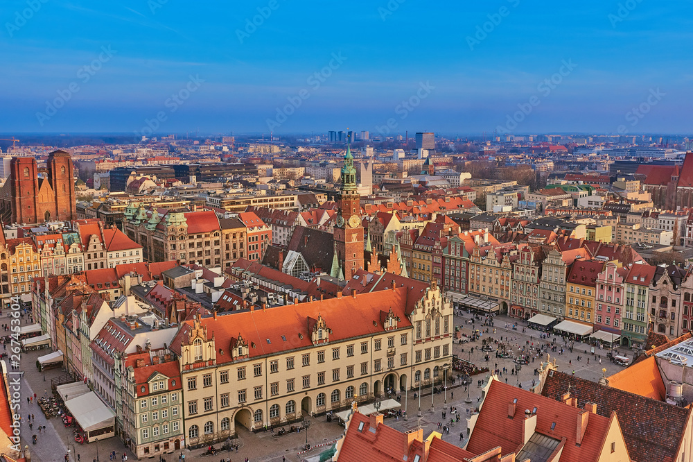 Aerial view of Stare Miasto with Market Square, Old Town Hall and St. Elizabeth's Church from St. Mary Magdalene Church in Wroclaw, Poland