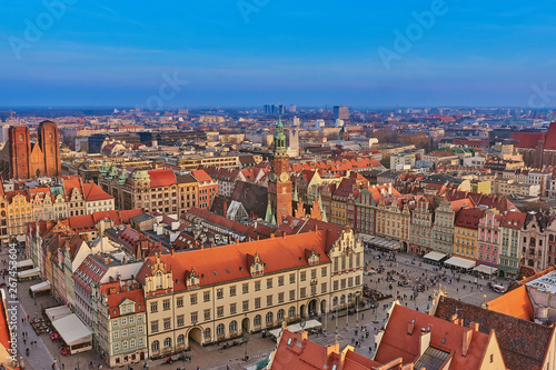 Aerial view of Stare Miasto with Market Square, Old Town Hall and St. Elizabeth's Church from St. Mary Magdalene Church in Wroclaw, Poland