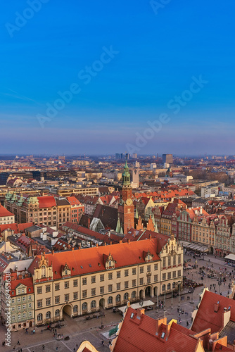 Aerial view of Stare Miasto with Market Square, Old Town Hall and St. Elizabeth's Church from St. Mary Magdalene Church in Wroclaw, Poland