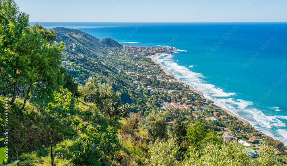 Panoramic view of Acciaroli and the Cilento coastline. Campania, southern Italy.