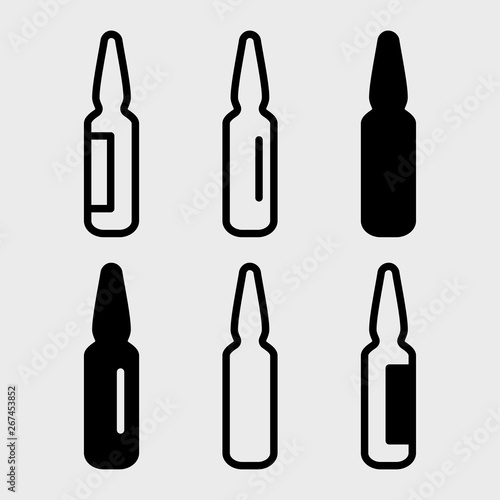 Black set of ampoules icons, different design. Vector illustration