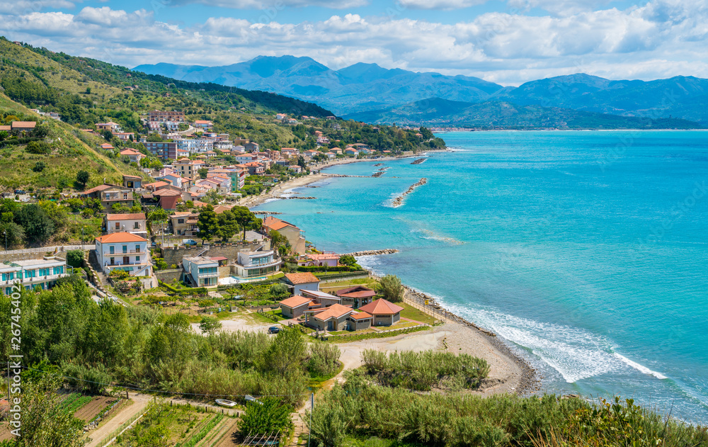 Panoramic view of Agnone Cilento and coastline. Campania, southern Italy.