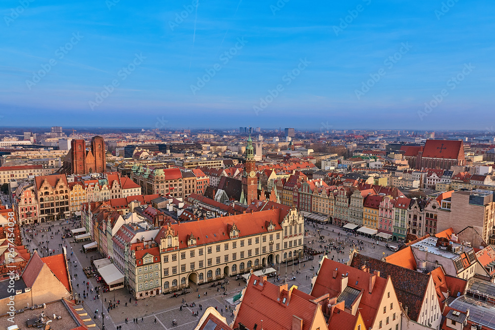 Aerial view of Stare Miasto with Market Square, Old Town Hall and St. Elizabeth's Church from St. Mary Magdalene Church in Wroclaw, Poland