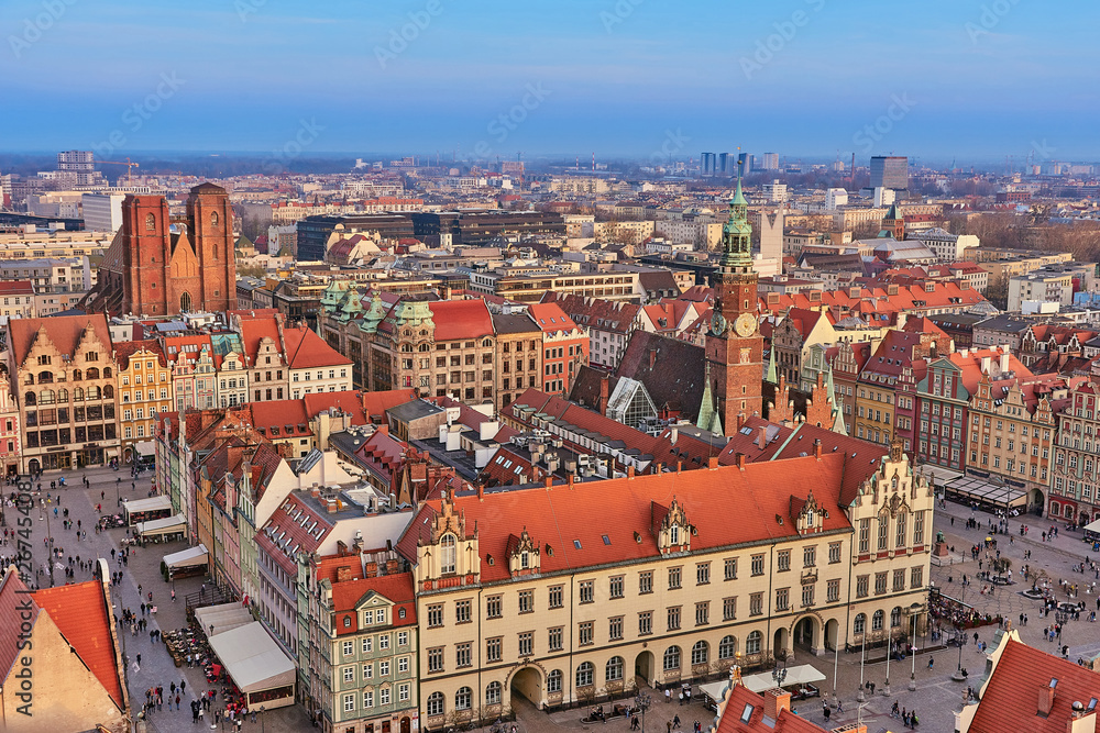 Aerial view of Stare Miasto with Market Square, Old Town Hall and St. Elizabeth's Church from St. Mary Magdalene Church in Wroclaw, Poland