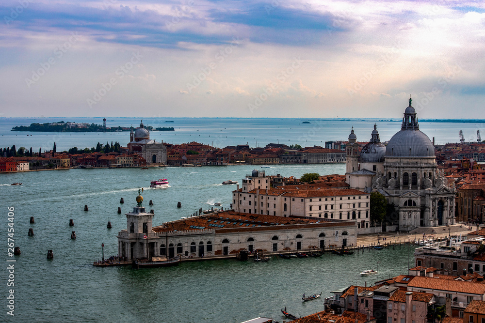View from Campanile di San Marco to Grand Canal and Basilica di Santa Maria della Salute in Venice, Italy