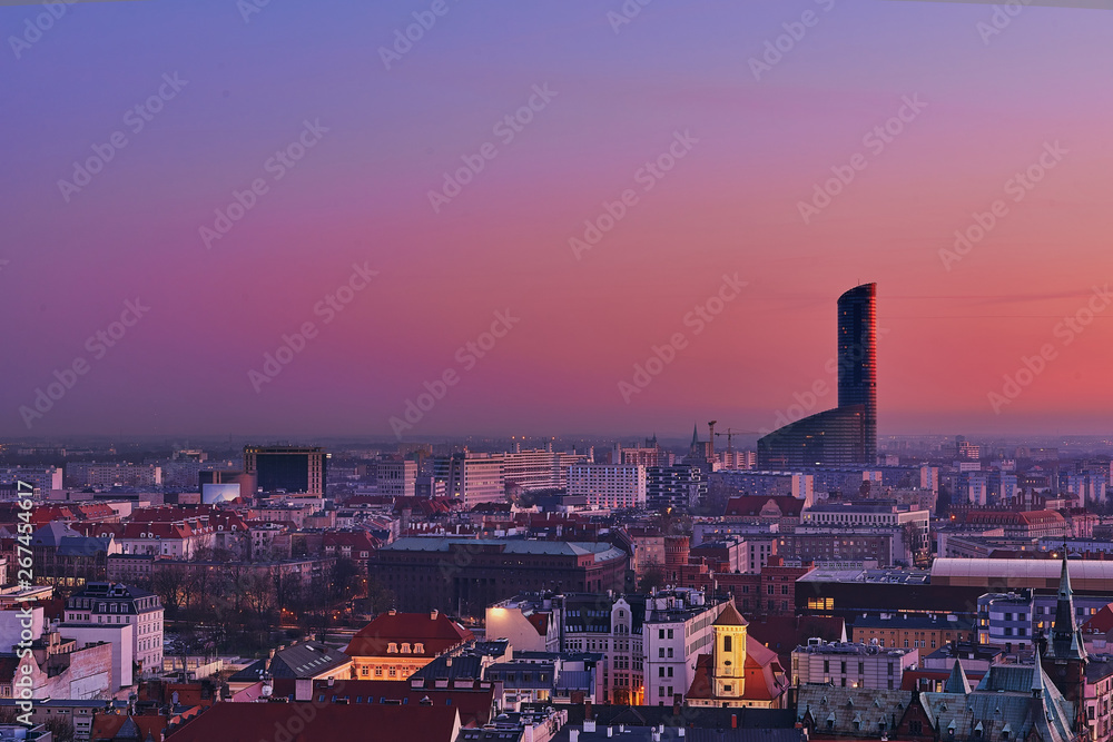 Wroclaw, Poland. Aerial view of the sunset of Sky Tower and other buildings