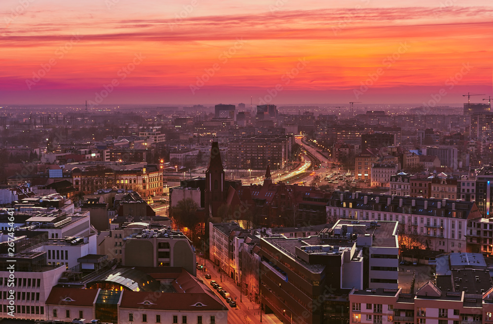 Beautiful, colorful sunset over Wroclaw aerial view
