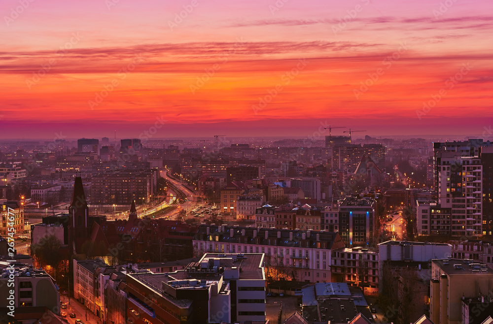 Beautiful, colorful sunset over Wroclaw aerial view