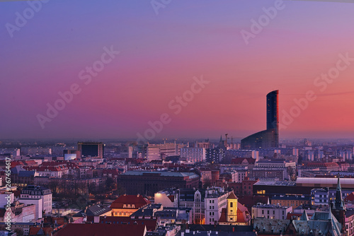 Obraz na płótnie Wroclaw, Poland. Aerial view of the sunset of Sky Tower and other buildings w salonie