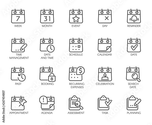 Premium Icons Pack on Time Management Such Line Signs as Calendar, Time and Date, Month. Custom Vector Icons Set for Web and App in Outline Style. Editable Stroke and Customize Pixel Perfect 48x48.