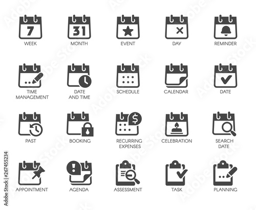 Premium Icons Pack on Time Management Such Solid Signs as Calendar, Time and Date, Month, Schedule, Event, Appointment, Day. Custom Vector Icons Set for Web and App in Glyph Style. Pixel Perfect 48x48