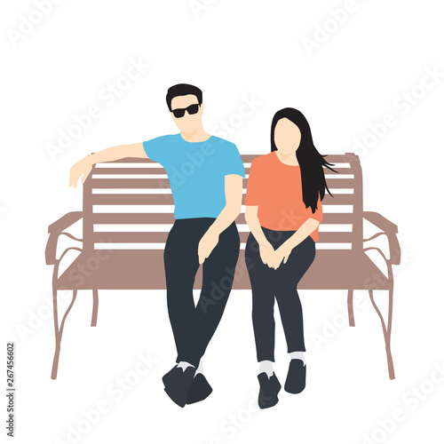  Man and woman sitting  on a bench, couple, cartoon character,  people, business, group, vector silhouette, flat designe icon, different colors, isolated on white background