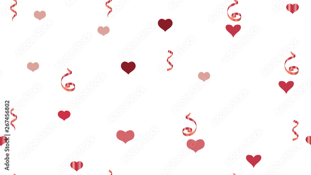 Scattered Red confetti. The idea of packaging, textiles, wallpaper, banner, printing. Vector Seamless Pattern on a White Background. Happy Pattern of Hearts and Serpentine.