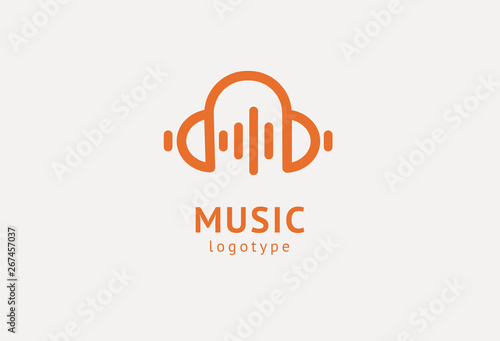 Vector illustration, Graphic Design headphone logotype. Abstract music icon vector design. Sound recording studio, night party. School of Music, disco, vocal course, composer, singer vector logo.