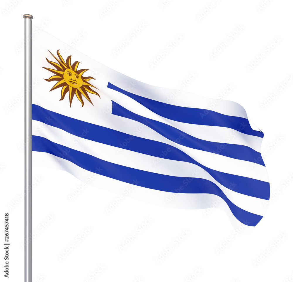Obraz premium Uruguay flag blowing in the wind. Background texture. 3d rendering, waving flag. Illustration. Isolated on white.