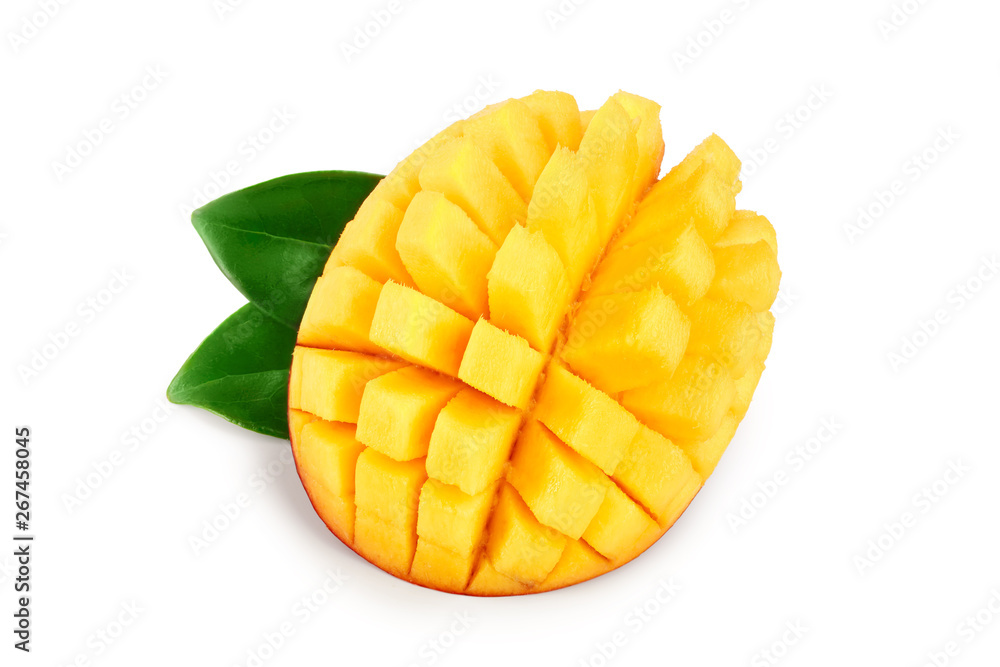 Mango fruit half with leaves isolated on white background close-up Mango fruit half with leaves isolated on white background close-up