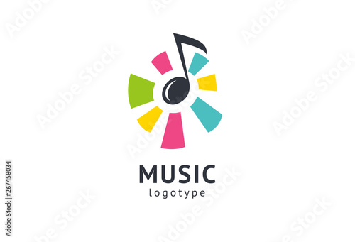 Vector illustration, Graphic Design Note web logotype. Abstract music logo icon vector design. Sound recording studio, night party. School of Music, disco, vocal course, composer, singer vector logo.